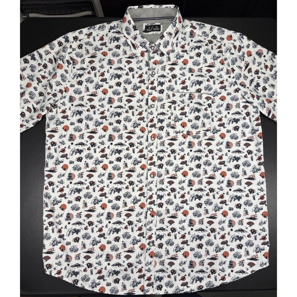 Hawiian Shirt 2XL Public Record Button Down Tokyo Mt Fuji Geisha Red Sun Dragon